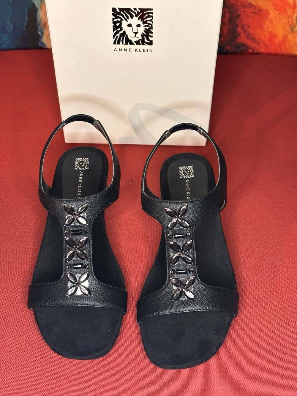 Anne Klein iFlex Black Fabric Embellished Slingback Kitten Heel Sandals
